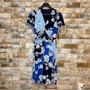 Maggy London Blue and White Sheath Midi Dress V-Neck Short Sleeve.  Size 12. NWT